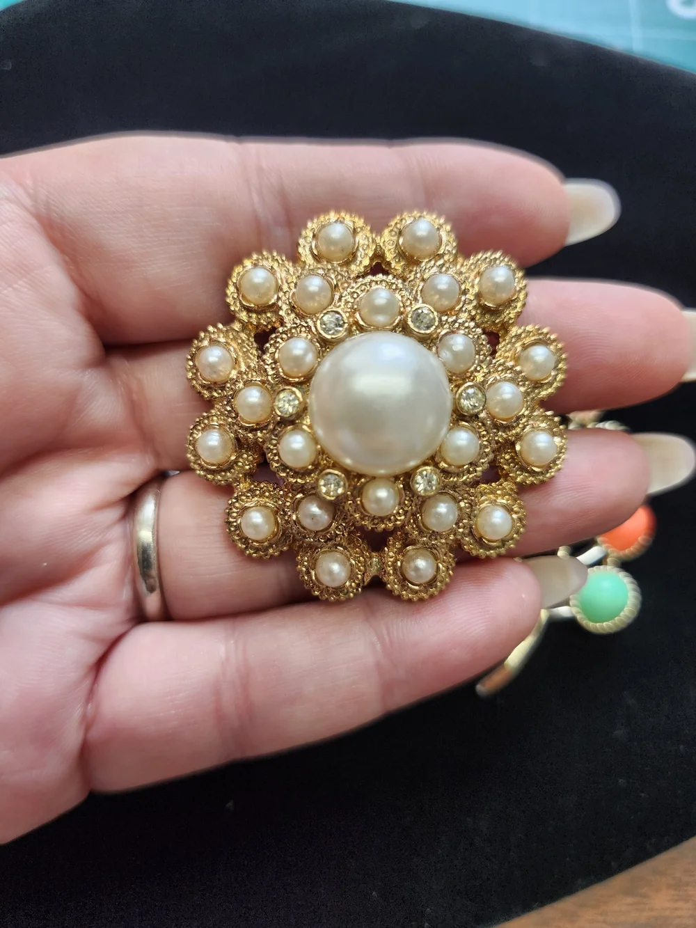 Sarah Coventry Gold Pearl Floral Brooch Trio with Multicolor Lot Of 3
